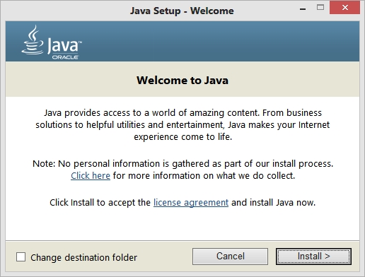 Java shows welcome screen
