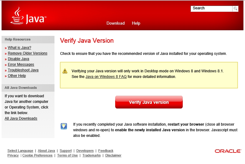 Java installation verification window